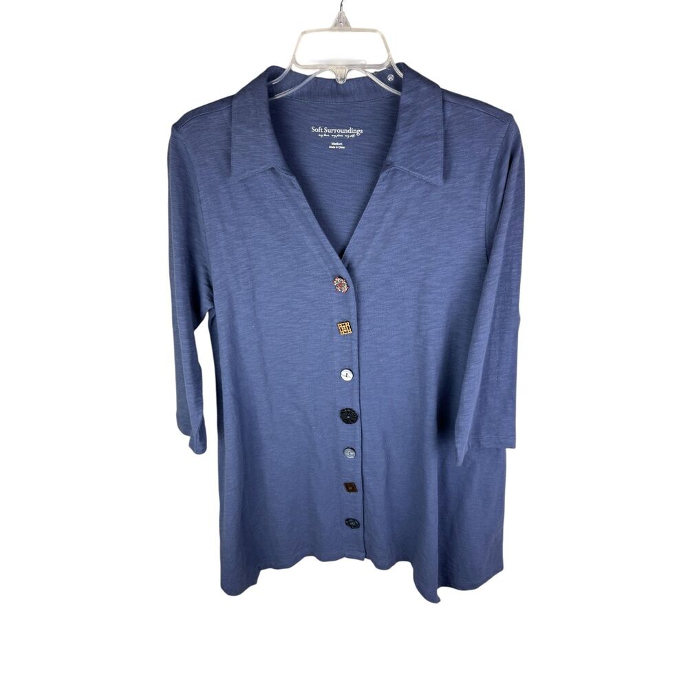 Soft Surroundings Danielle Button Tunic‎ 3/4 Sleeve Cotton Blue Size M